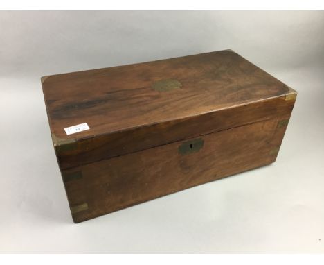 EARLY 20TH CENTURY BRASS MOUNTED WALNUT LAP DESK, 50cm wide, along with a vintage brown leather case, plated oval tray and a 