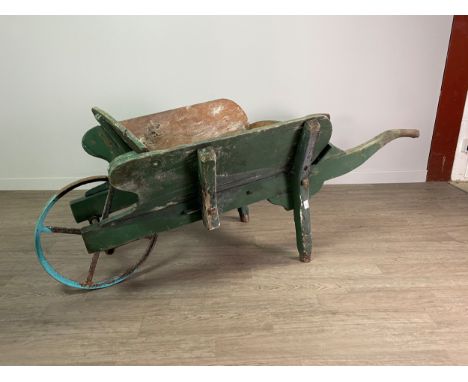 PAINTED WOOD WHEELBARROW, 157cm long, along with a selection of vintage iron pots, griddles and golf clubs