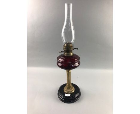 VICTORIAN OIL LAMP, with ruby glass reservoir, 65cm high