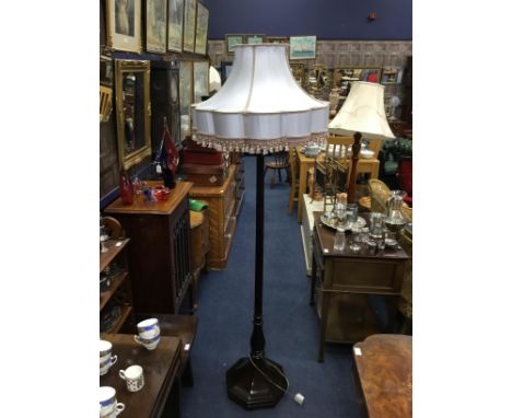 MAHOGANY FLOOR LAMP, with reeded column and octagonal base, with shade, along with another standard lamp, with shade (2)