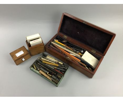 LOT OF VARIOUS PENS, along with propelling and other pencils, refills and an olive wood playing card box
