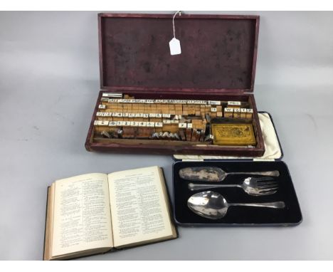 VINTAGE BOXED SET OF PRINTING BLOCKS, along with a bible, cased set of servalls, framed print and an oval wall mirror