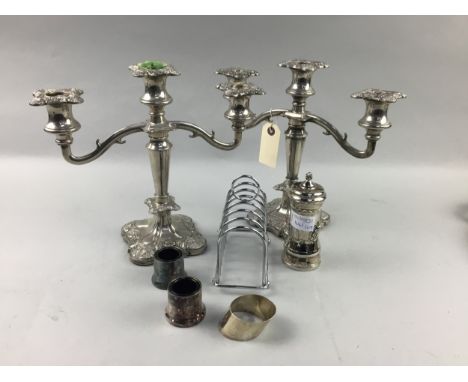 PAIR OF SILVER PLATED CANDLEABRA, along with other silver plated items including a twin handled serving tray, napkin ring, su