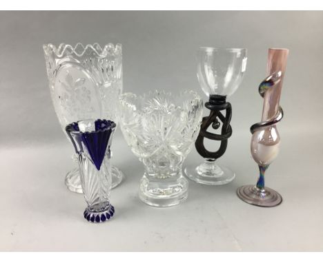 LOT OF CUT AND OTHER GLASS VASES, along with two ceramic bowls, a group of drinking glasses, ceramics and three pewter mugs