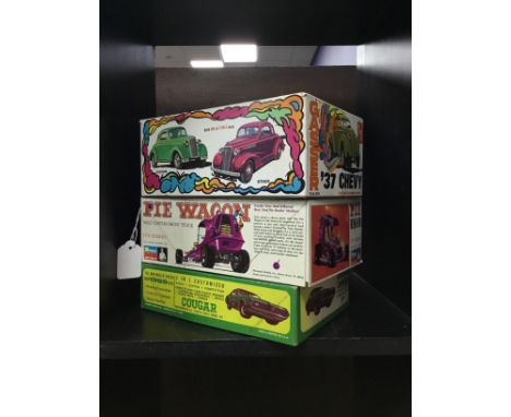 MONOGRAM PIE WAGON MODEL KIT, in box, along with a Gasser '37 chevy scale car model kit and a 1969 Cougar hardtop scale model