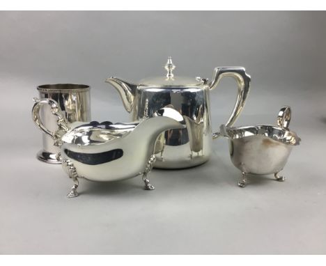 LATE 19TH CENTURY SILVER PLATED SIX CUP EGG EPERGNE, along with a tea service, cake basket, two other dishes and other plated