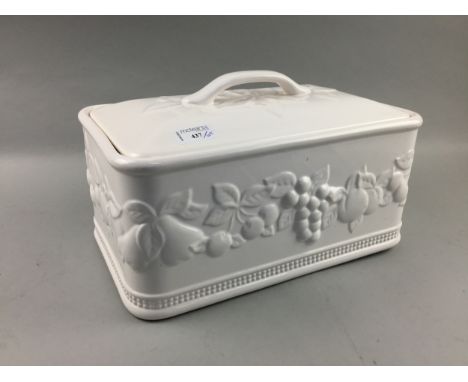 CERAMIC LIDDED BREAD BIN, decorated with fruit, 36cm wide, along with an Adderley's ewer, vase, tea pot and two blue and whit