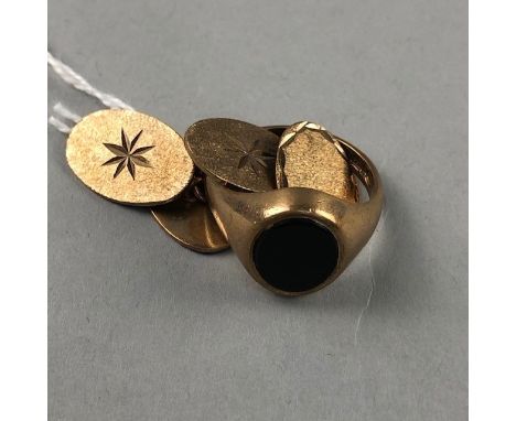 PAIR OF NINE CARAT GOLD OVAL CUFF LINKS, along with a gentleman's nine carat gold signet ring, approximately 14g gross