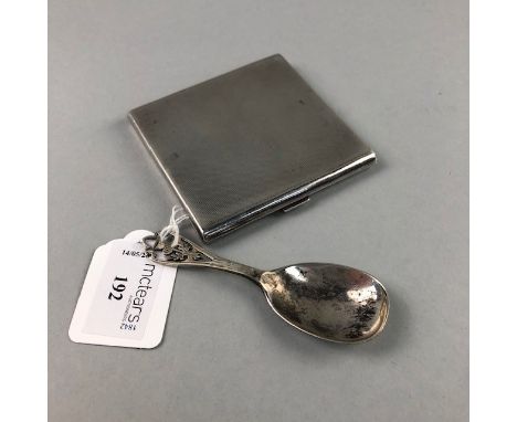 SILVER ENGINE TURNED CIGARETTE CASE, 8cm wide, along with a caddy spoon (2)