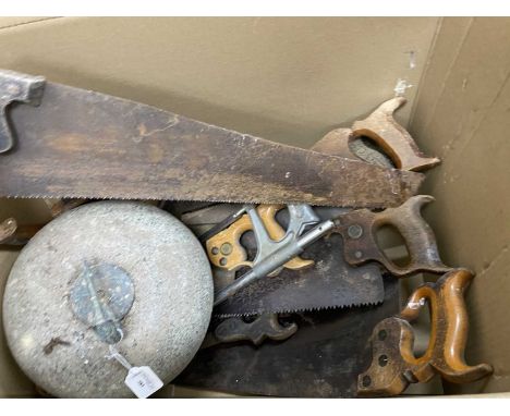 VICTORIAN GRANITE CURLING STONE, along with a collection of vintage tools including wooden handled saws