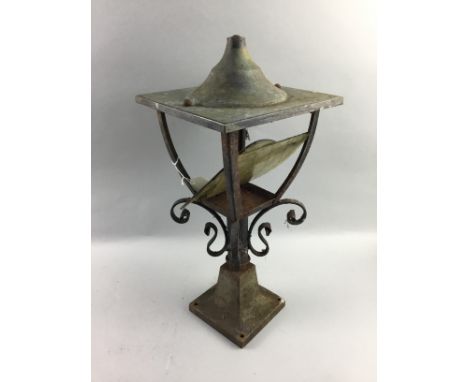 WROUGHT IRON LANTERN, with two (only) glass shade panels, 55cm high, along with an iron cauldron with associated stand