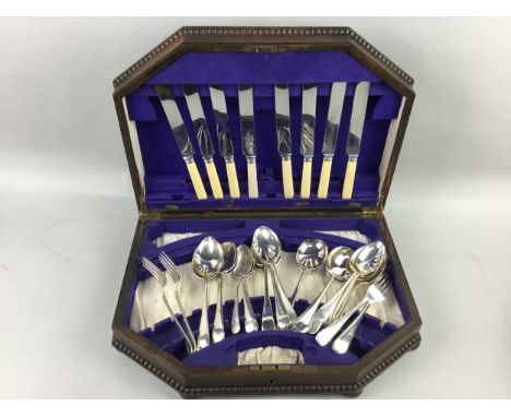 OAK CANTEEN OF PLATED CUTLERY, along with two sets of fish knives and forks, a chess set and a humidor