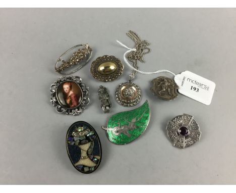 SIAM SILVER AND GREEN ENAMEL LEAF BROOCH, along with an oval portrait brooch, five other brooches and a pendant on chain