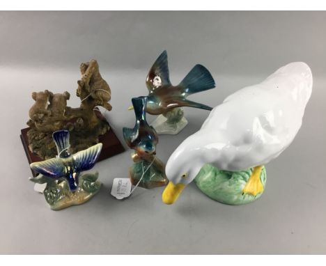 PAIR OF CAMPSIEWARE FIGURES OF BUDGERIGARS, the tallest 16cm high, along with other ceramic animal figures