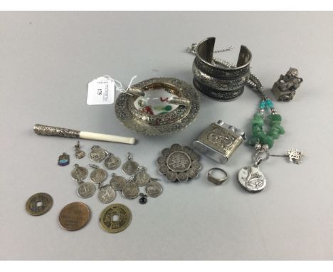 CHINESE WHITE METAL AND PORCELAIN ASHTRAY, 10cm diameter, along with a cheroot, cigarette lighter, bangle and coins