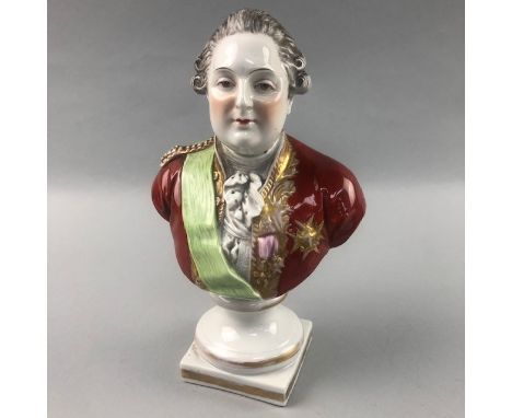 19TH CENTURY CONTINENTAL CERAMIC BUST OF A MAN IN MILITARY DRESS, with square base, 21cm high