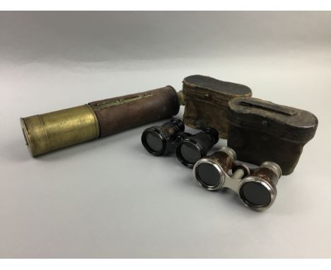 VICTORIAN THREE DRAW BRASS TELESCOPE, along with two pairs of opera glasses, lighters, pocket knives and other objects