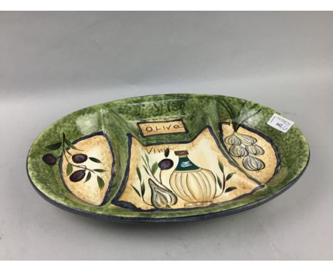 CERAMIC HOR D'OEUVRE DISH, with olive decoration, along with other ceramics including a handpainted bowl and plate