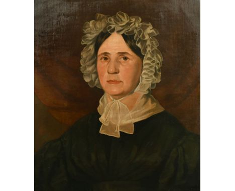 19th Century portrait of a lady wearing a black dress with a white mop cap, oil on canvas, 24" x 20".