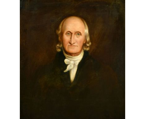 19th Century, Portrait of a gentleman wearing a white cravat dark jacket, oil on canvas, 30" x 25".