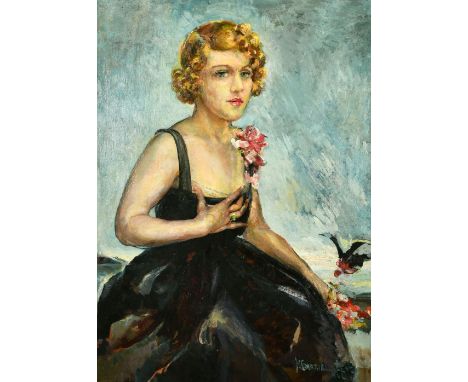 H. Gabrielle Levey (circa 1932) Portrait of a lady wearing a black dress with a spray of pink flowers on the strap, oil on ca