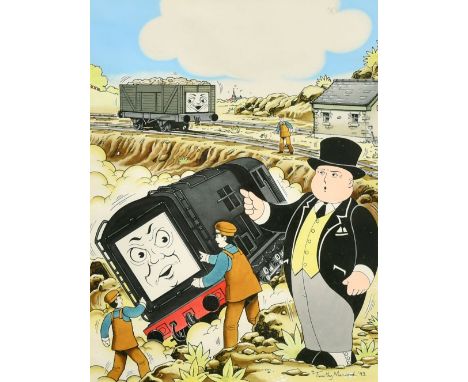 Timothy Marwood (1954-2008), a scene from Thomas the Tank Engine, an angry fat controller, watercolour, possibly over a print