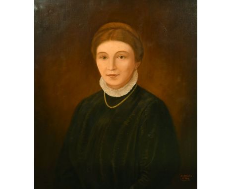 A. Stiche, 19th Century German School, Portrait of a young woman wearing black with a white ruff and beads round her neck, oi