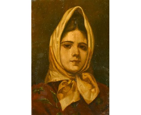 19th Century Italian School, A bust length portrait of a young woman wearing a head scarf, oil on panel, inscription verso, 1