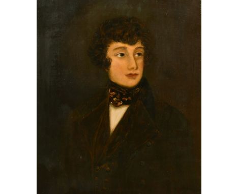 19th Century portrait of a brown-haired young man wearing a brown waist coat and jacket, oil on canvas, 30" x 25", (unframed)