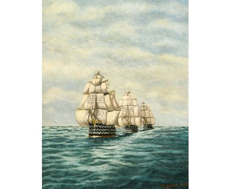 M. Hamilton (20th Century) A convoy of Man-of-War Naval Ships in open seas, oil on canvas, signed, 18" x 14".