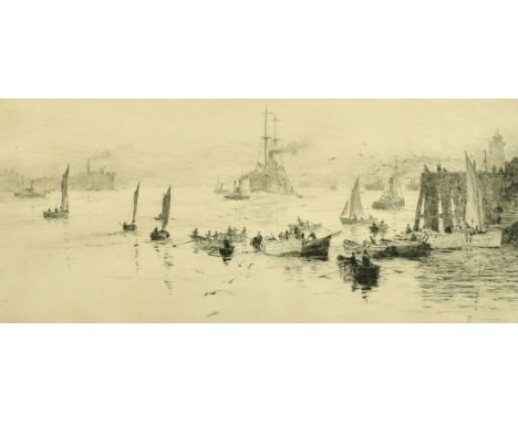William Lionel Wyllie (1851-1931) British, 'North Shields', etching, signed in pencil, 6.25" x 15".