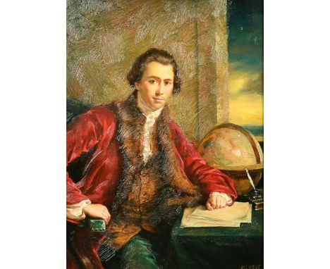 R.J. West (20th Century) A portrait of a gentleman seated at a table with a globe, ink pot and papers, oil on board 12" x 16"
