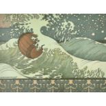 Ivan Bilibin, An illustration for a fairy tale, a barrel in a stormy sea, text verso,