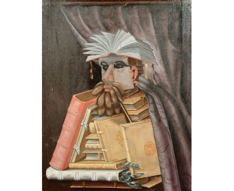 After Arcimboldo, a mid-20th copy of an anthropomorphic portrait of a librarian composed of books, oil on canvas, 28" x 38".