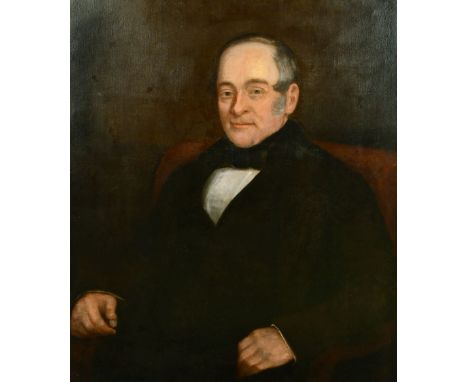 19th Century portrait of a gentleman wearing a black jacket, white shirt and a bow tie, oil on canvas, 36" x 24", (unframed).