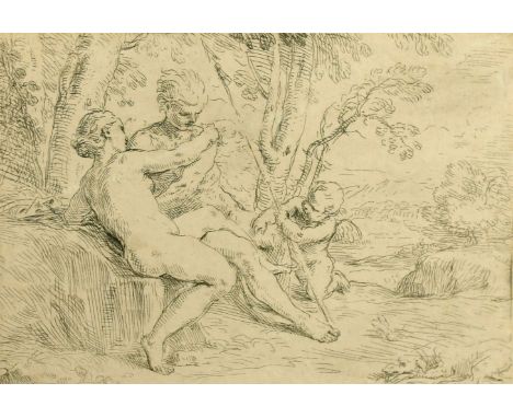 Simone Cantarini, 'Venus and Adonis', etching, 4.75" x 7", and three etchings of figures by Bertaux Duplessis, each 3.25" x 2
