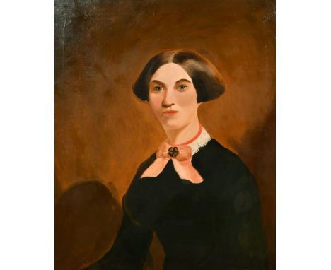 19th Century portrait of a woman wearing a black top with a lace collar and pink bow, oil on canvas, 24" x 20".