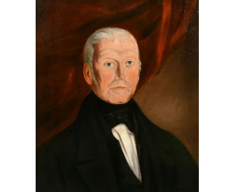 19th Century portrait of a grey-haired gentleman wearing a black jacket, white shirt and a bow tie, oil on canvas 24" x 20", 