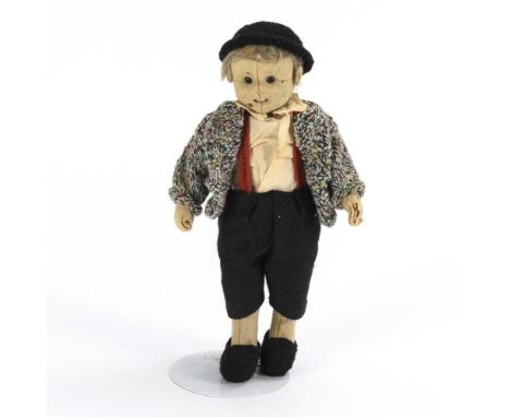 FilzpuppeSteiff. Ungemarkt. 1920er Jahre.L 27 cm. Junge mit drehbarem Kopf, schwarzen Knopfaugen und blonden Mohairhaaren. Al