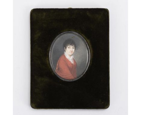 Miniatur: DamenbildnisFrühes 19. Jh.             Gouache, verglast, Rahmen aus Karton mit schwarzem Samtbezug und Aufsteller.