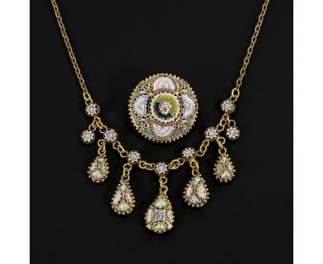 Italienisches Mikromosaik-Collier und Brosche Ende 19. Jh Metall. Kette Silber 925 gestempelt, vergoldet. Kette L 45 cm. Bros