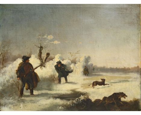             Jagdszene im WinterÖl/Leinwand. Unsigniert. Ende 19. Jh. 55 x 68,5 cm. Gerahmt73 x 86 cm.             Mehrere Jäg