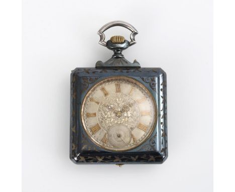  Schwere Historismus-Taschenuhr mit Niello-DekorUm 1900. Gehäusenr. 213.Verglastes Stahlwerk mit Zierschliff, Ankergang, Schr