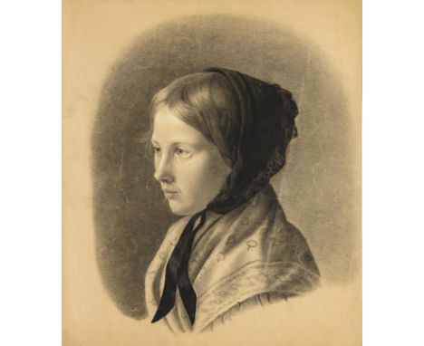 Biedermeier-DamenporträtKohlezeichnung mit Weißhöhung. Unsigniert.Blatt: 42,5 x 36,5 cm. Fein gezeichnetes Porträt im Profil