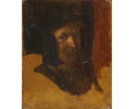             Bildnis StudieÖl/Leinwand. Unsigniert. Ende 19. Jh. 27 x 22 cm.             Porträt eines Mannes mit Helm vor fra