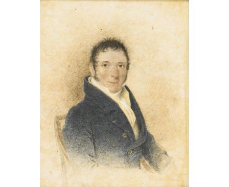             Biedermeier-HerrenbildnisAquarell über Bleistift. Rechts undeutlich monogrammiert. 1825. 14 x 11 cm. Gerahmt &amp
