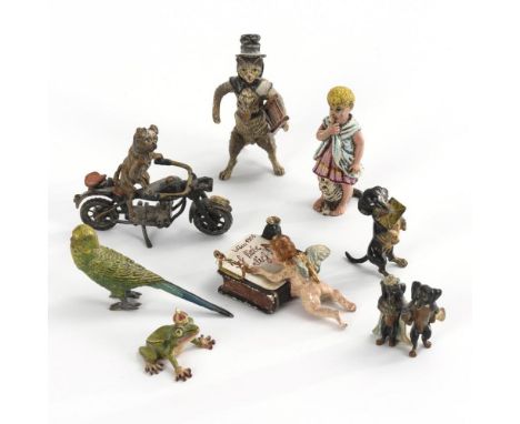  Konvolut 8 Wiener BronzenBronze polychrom gefasst. Motorrad und Frosch F. Bermann; Kind und Katze PBW (Petribronzen); Dackel