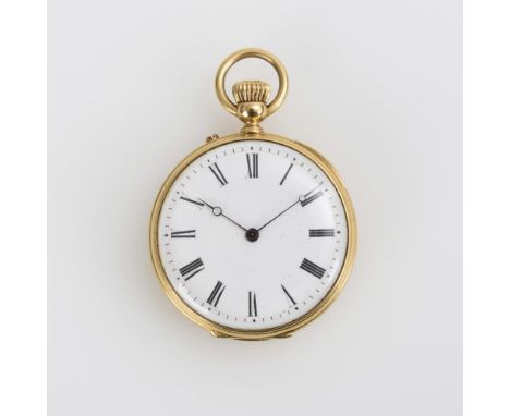             Goldene DamentaschenuhrUm 1890/1900. Gehäusenr. 4646. Ungemarktes, gekörnt vergoldetes Werk mit Zylinderhemmung, 