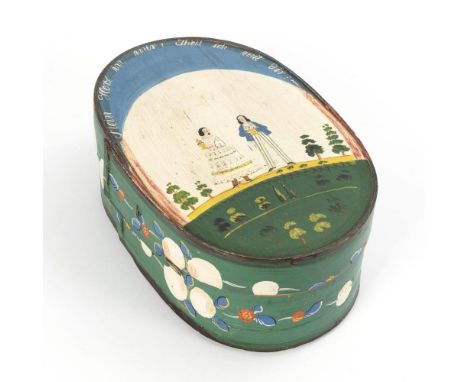 Spätbiedermeier-Spanschachtel mit HochzeitsmotivUm 1850/60, Westfalen?.             Nadelholz polychrom bemalt. 16 x 42 x 27 