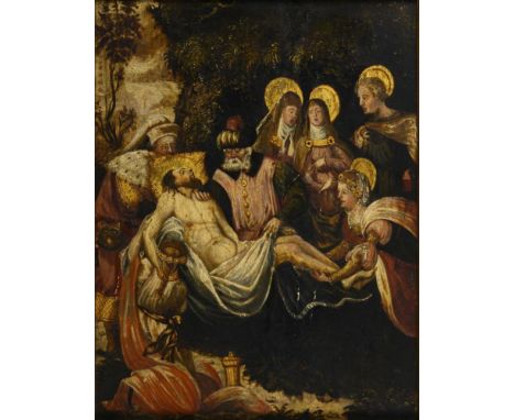             Altmeistergemälde: Grablegung ChristiÖl/Holz. Unsigniert, verso Fragment einer schreitenden Figur. 40 x 31 cm. Ge